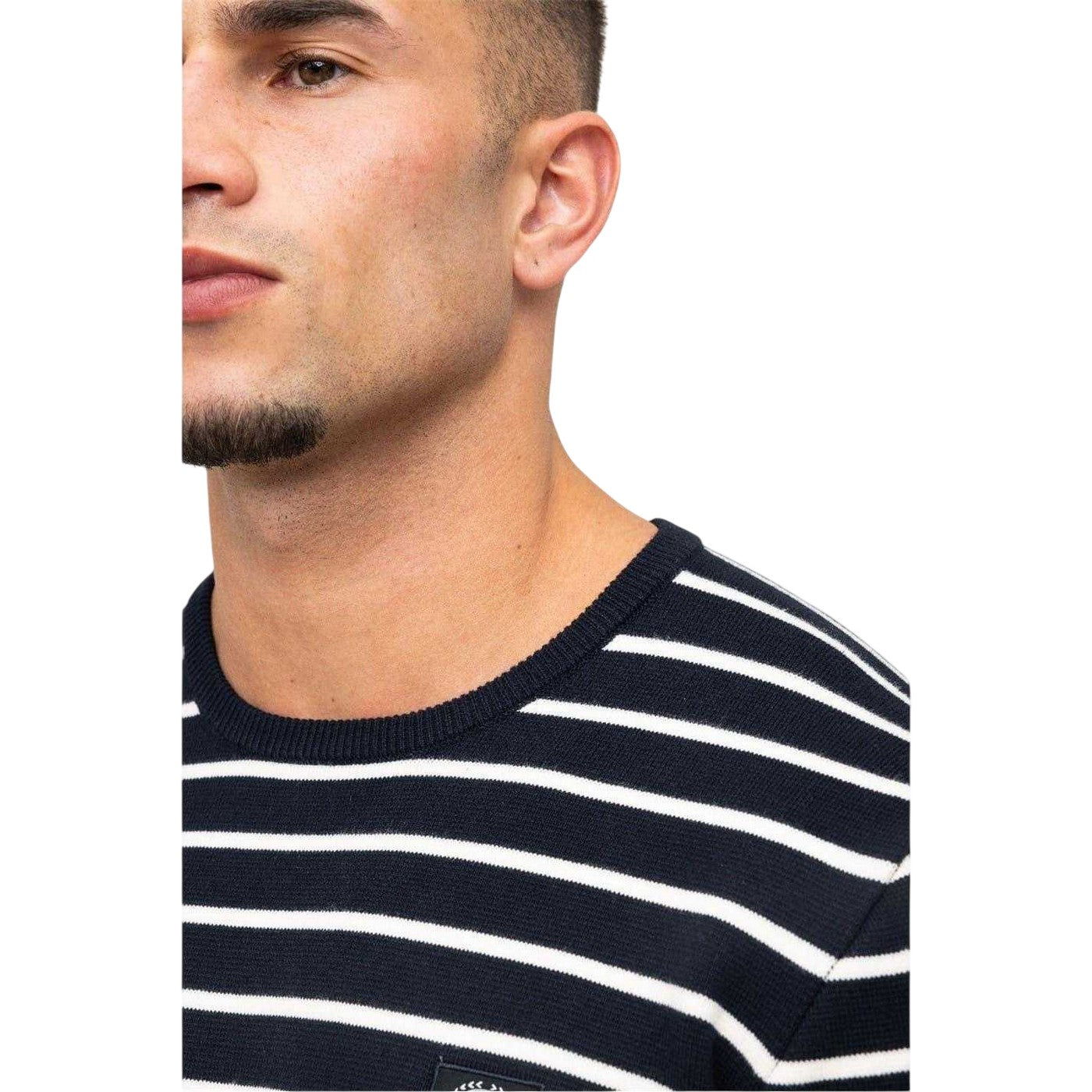 Navy - Side - Marshall Artist Mens Striped Rib Knit Sweater Top