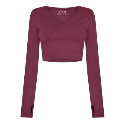 Dark Cherry - Front - USA Pro Womens-Ladies Cropped Wrap Top