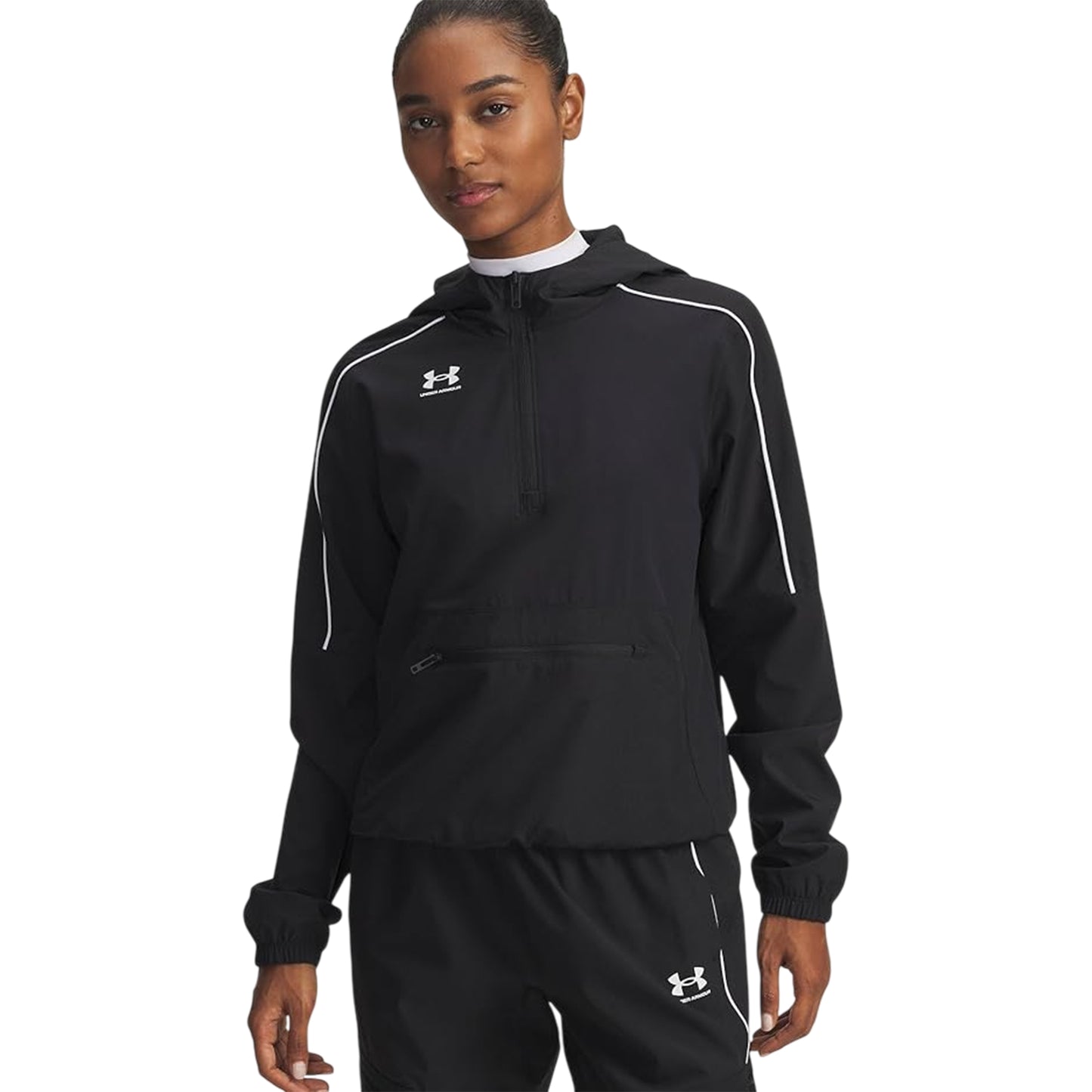 Black - Side - Under Armour Womens-Ladies Challenger Hooded Anorak Set