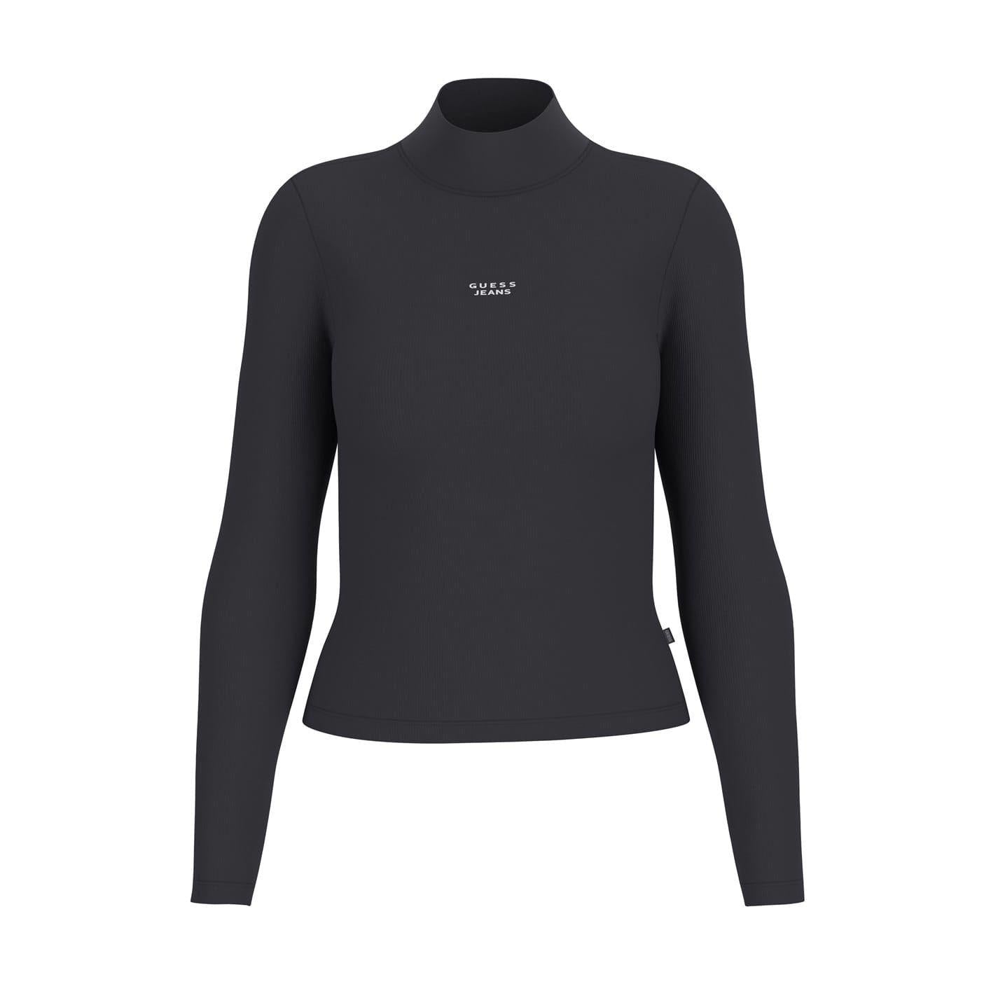 Jet Black - Front - Guess Womens-Ladies Text Logo Ribbed Slim Turtleneck