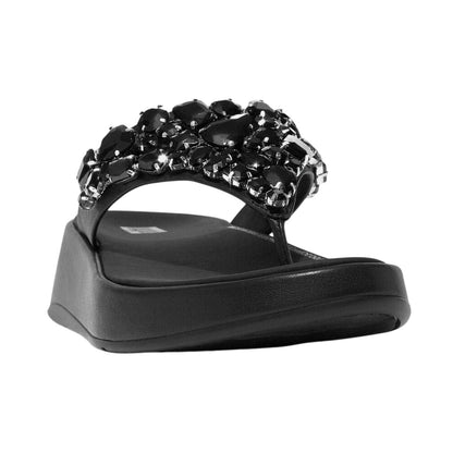 Black - Front - FitFlop Womens-Ladies Jewelled Leather Flatform Sandals