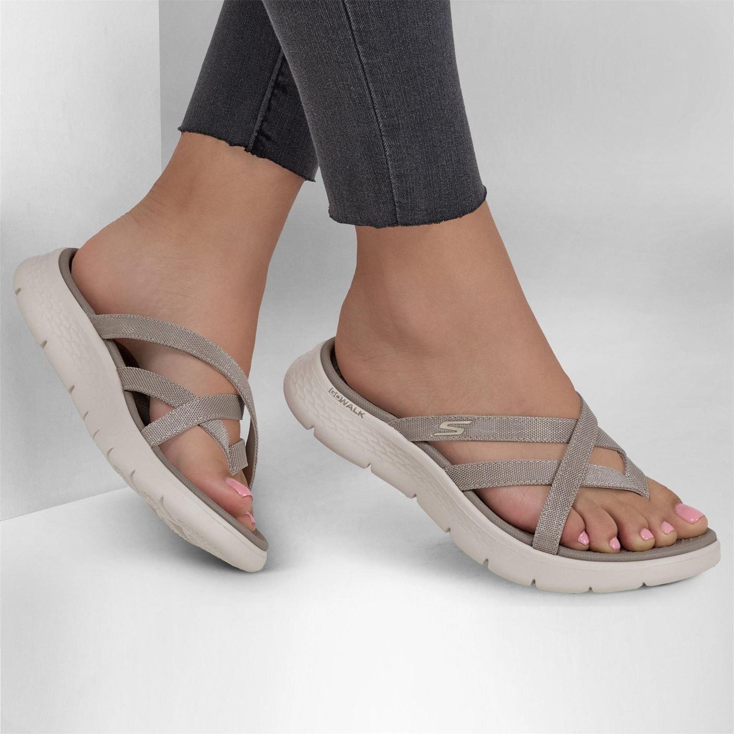 Taupe - Side - Skechers Womens-Ladies Crossover Flat Sandals