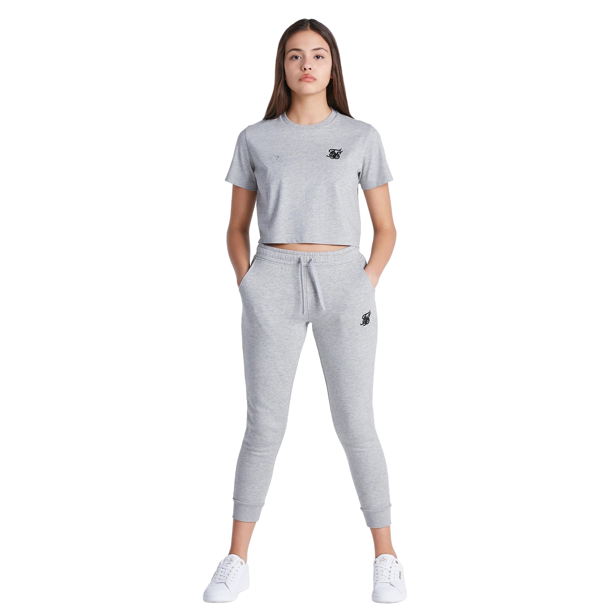 Grey Marl - Side - SikSilk Girls Essentials Cuffed Jogging Bottoms