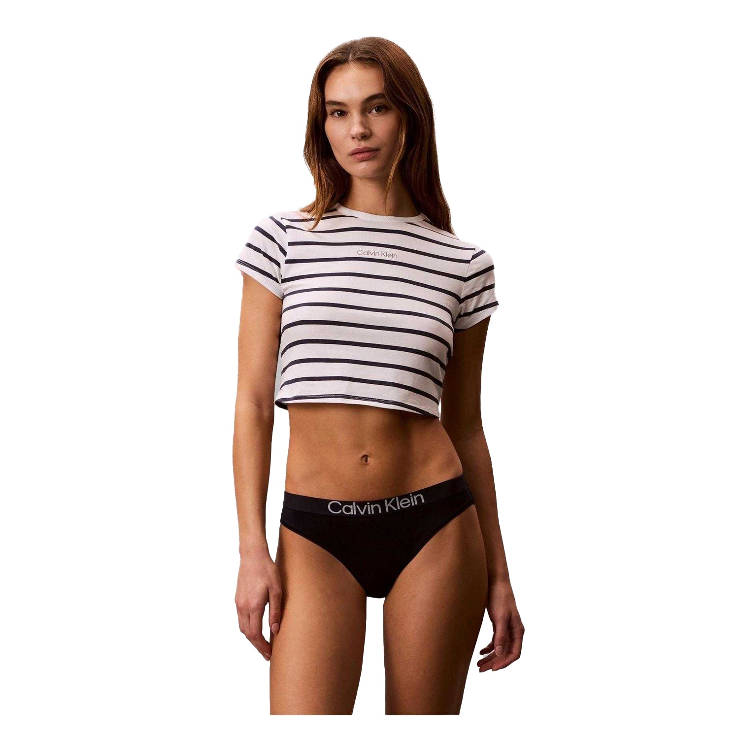Black-White - Side - Calvin Klein Womens-Ladies Striped Fitted Crop T-Shirt