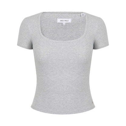 Grey Marl Marl - Front - Jack Wills Womens-Ladies Ribbed Square Neck Fitted T-Shirt