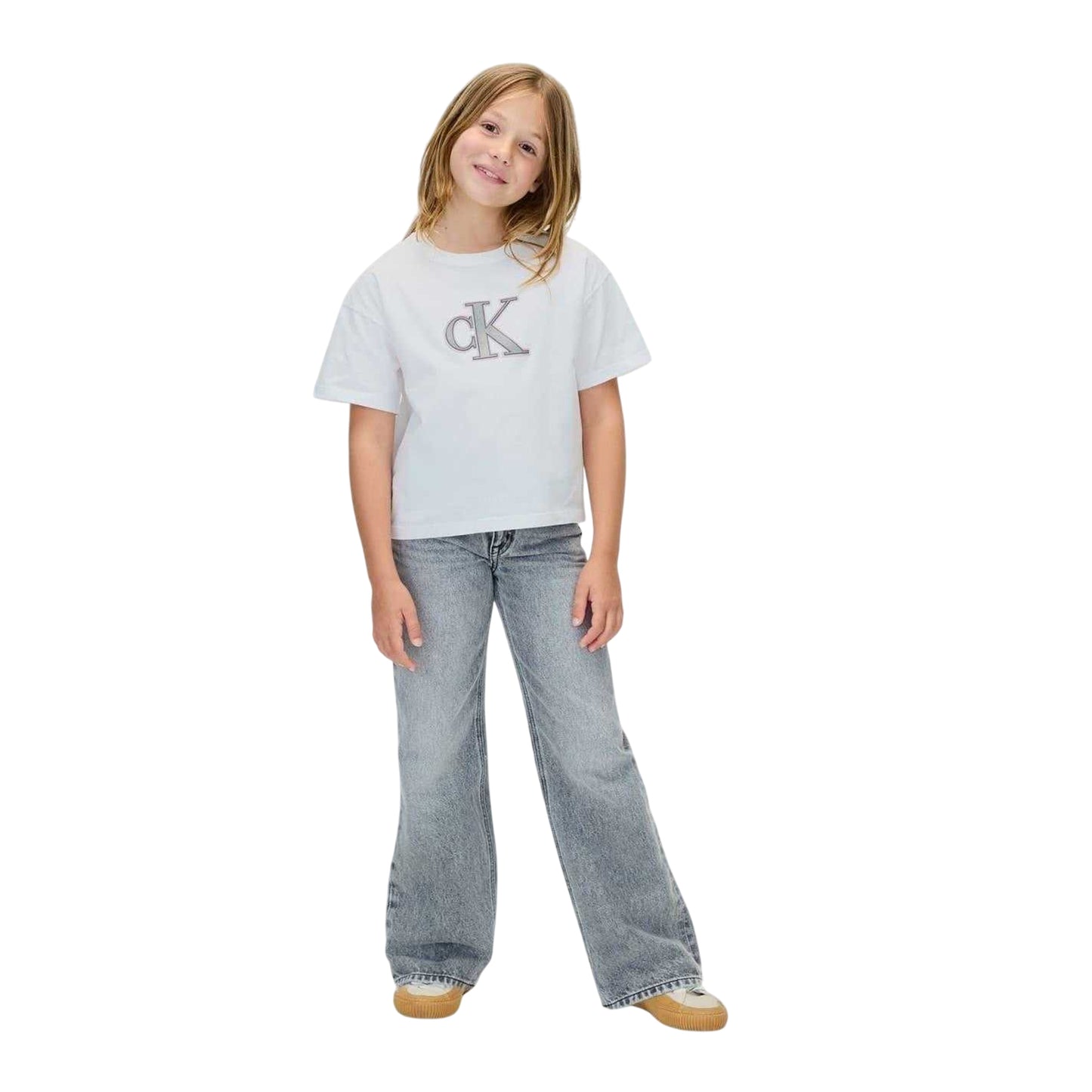 White - Side - Calvin Klein Childrens-Kids Jeans Big Logo Regular T-Shirt