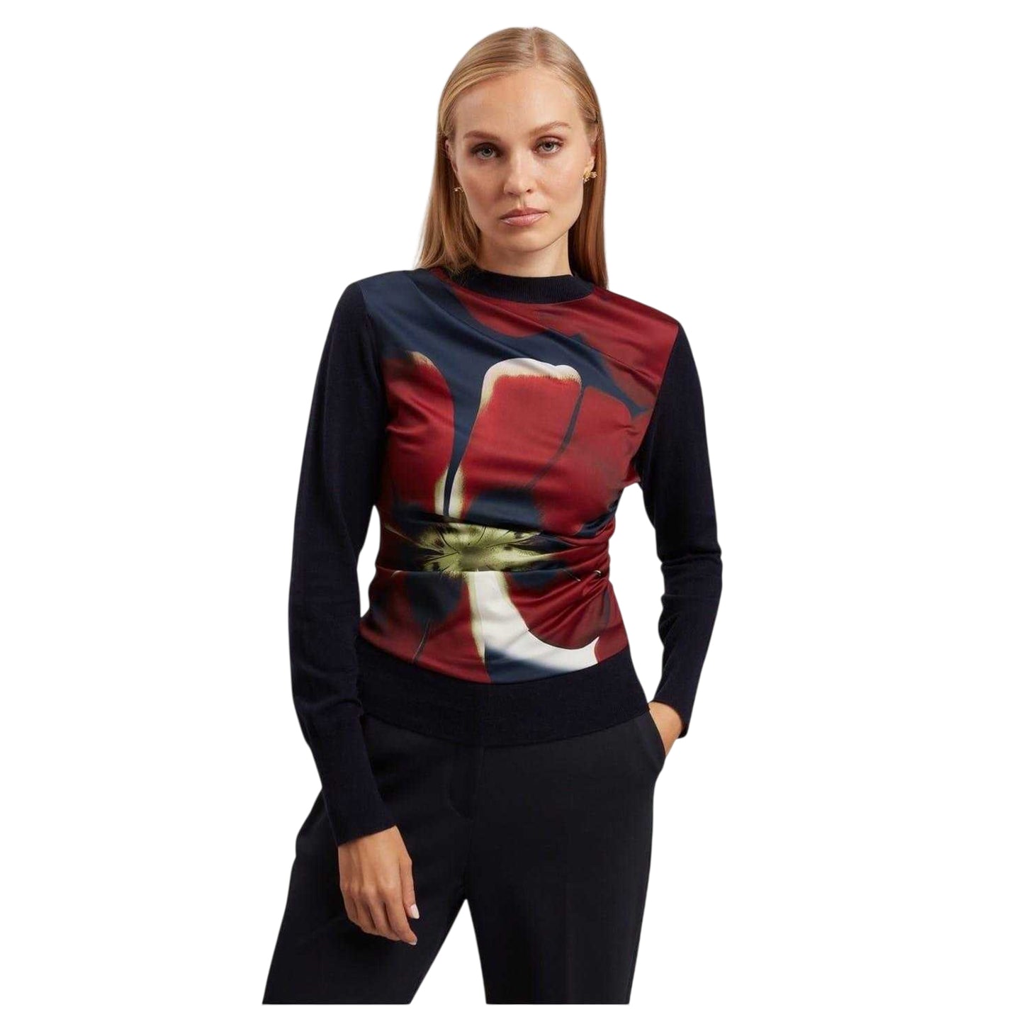 Navy - Side - Ted Baker Womens-Ladies Floral Ribbed Collar Long-Sleeved Sweater Top