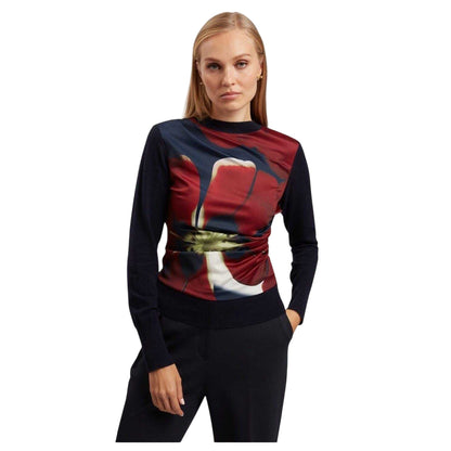 Navy - Side - Ted Baker Womens-Ladies Floral Ribbed Collar Long-Sleeved Sweater Top