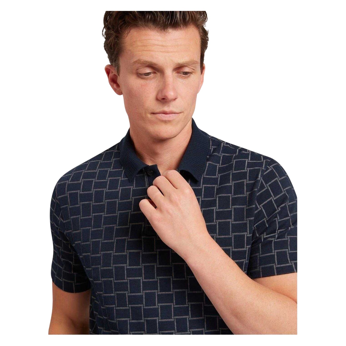Navy - Back - Ted Baker Mens Checkerboard Jacquard Collared Polo Shirt