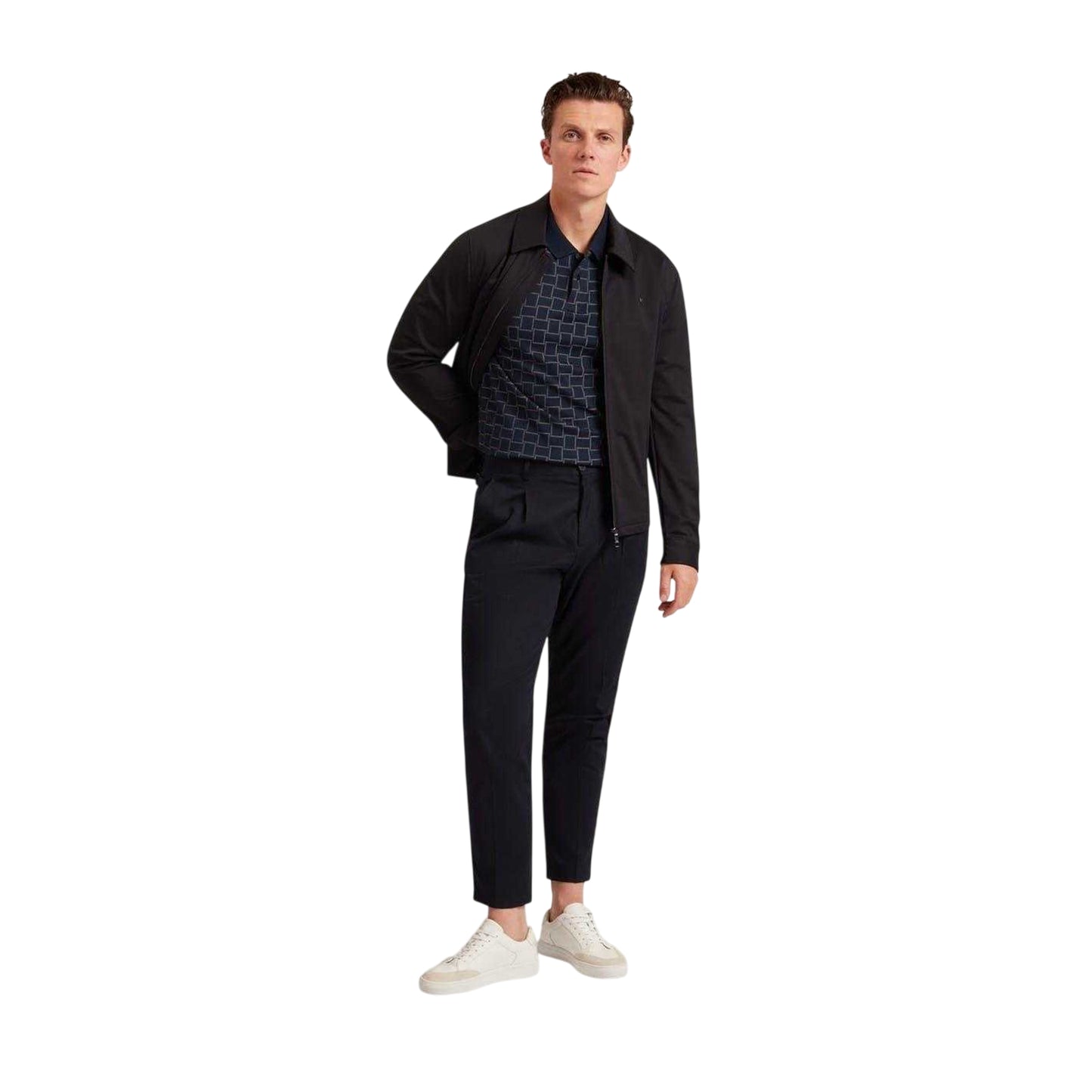 Navy - Side - Ted Baker Mens Checkerboard Jacquard Collared Polo Shirt