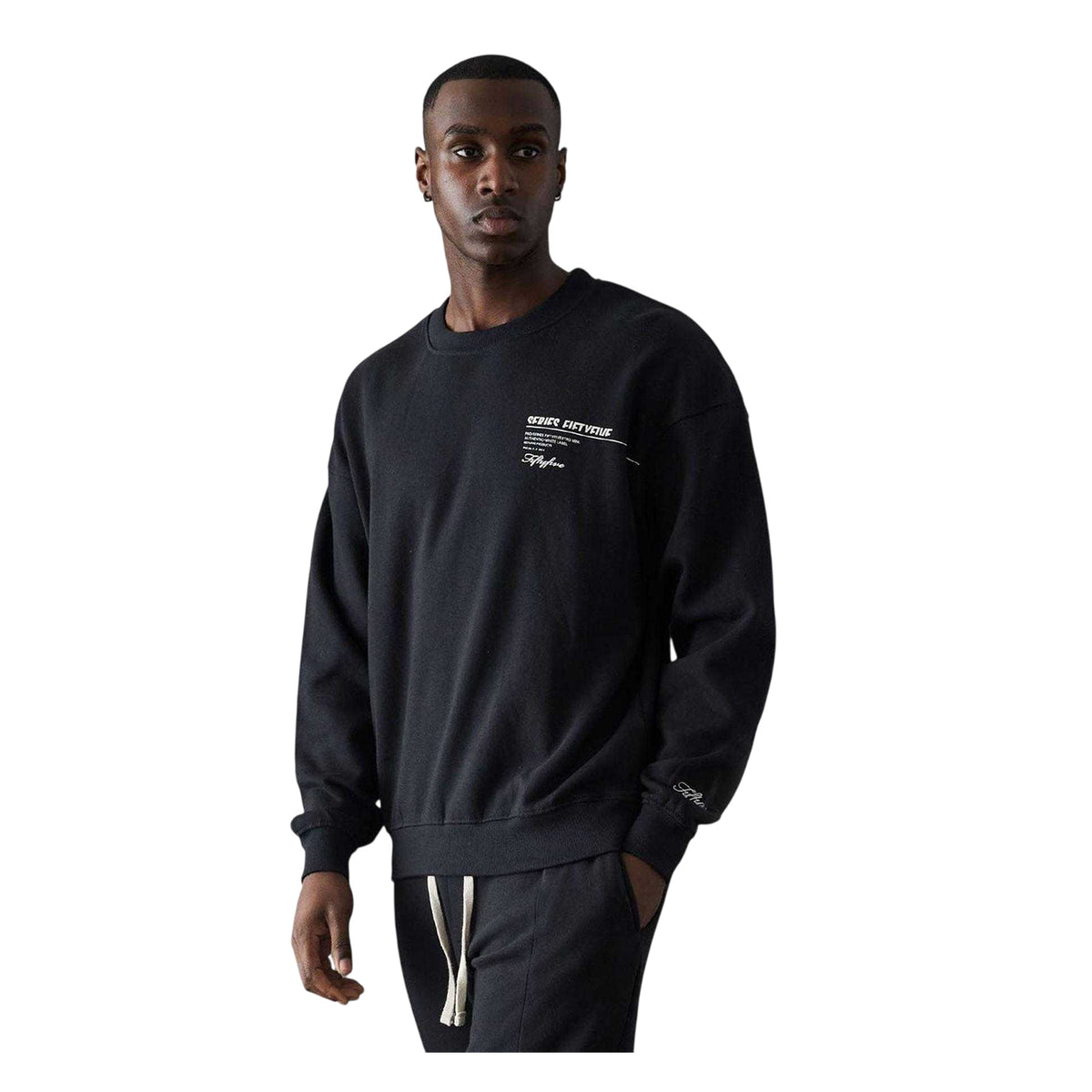 Black - Front - Fiftyfive Mens Back Print Crew Neck Sweatshirt