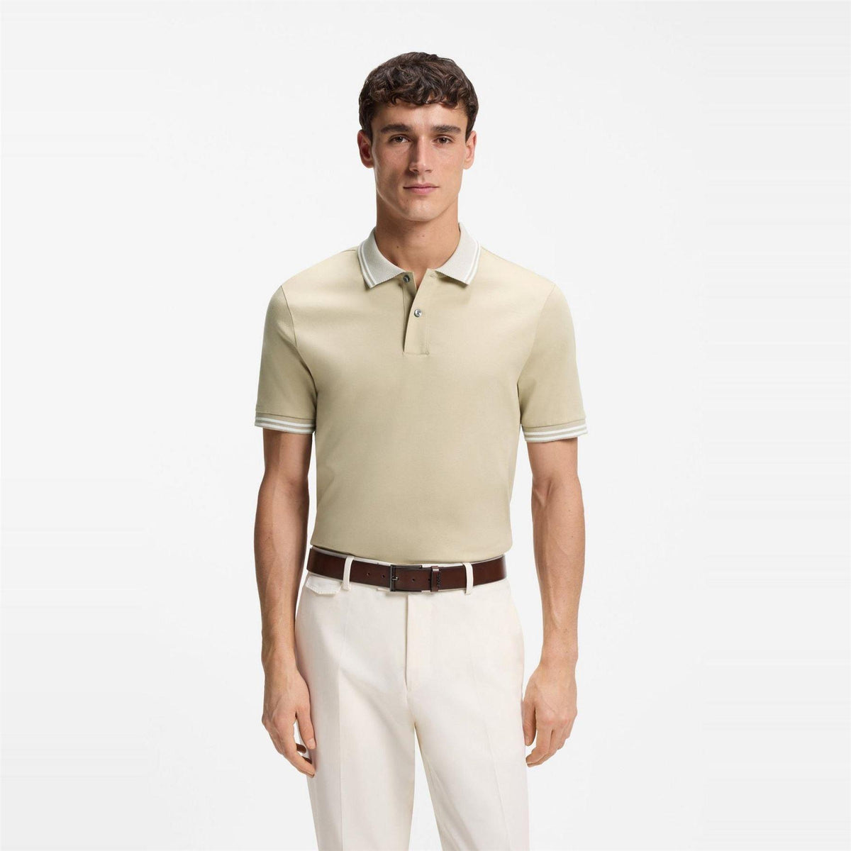 Beige - Back - Boss Mens Logo Cotton Short-Sleeved Polo Shirt