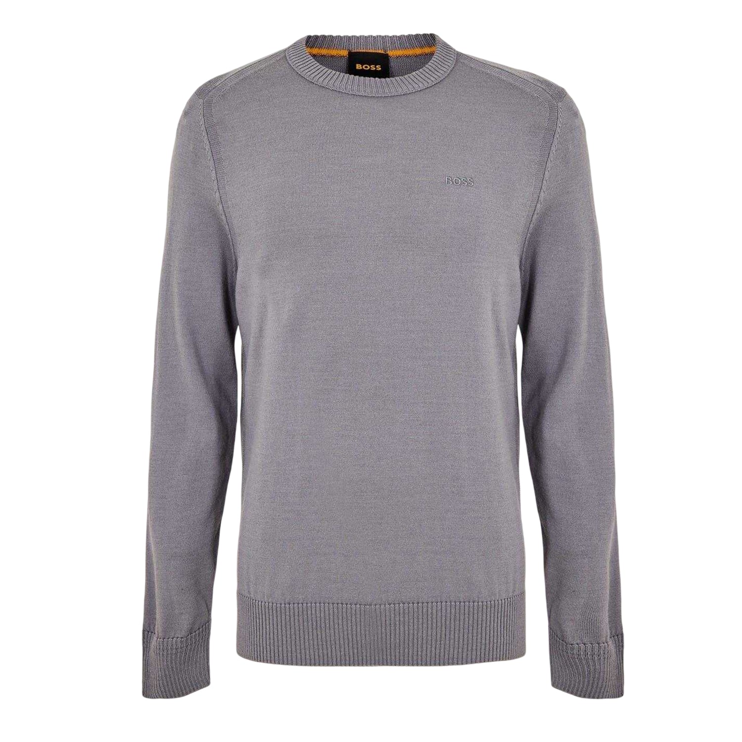 Grey - Front - Boss Mens Embroidered Ribbed Crew Neck Sweater Top
