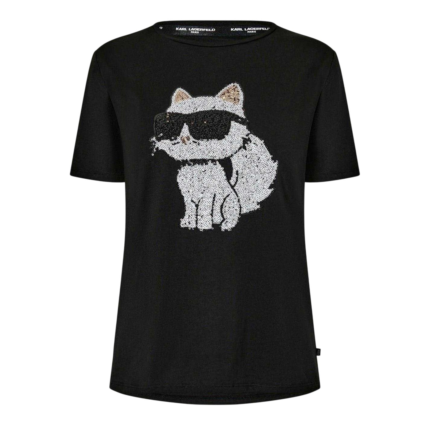 Black - Front - Karl Lagerfeld Womens-Ladies Choupette Cat Sequin T-Shirt