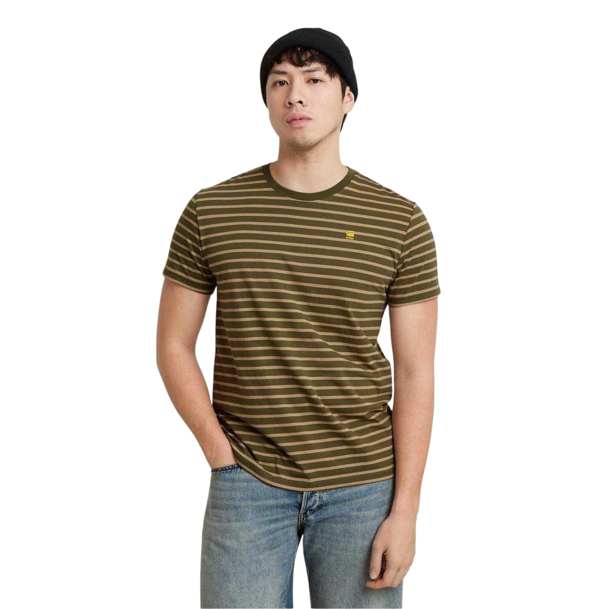 Olive Stripe - Lifestyle - G-Star Mens Striped Crew Neck Short-Sleeved T-Shirt