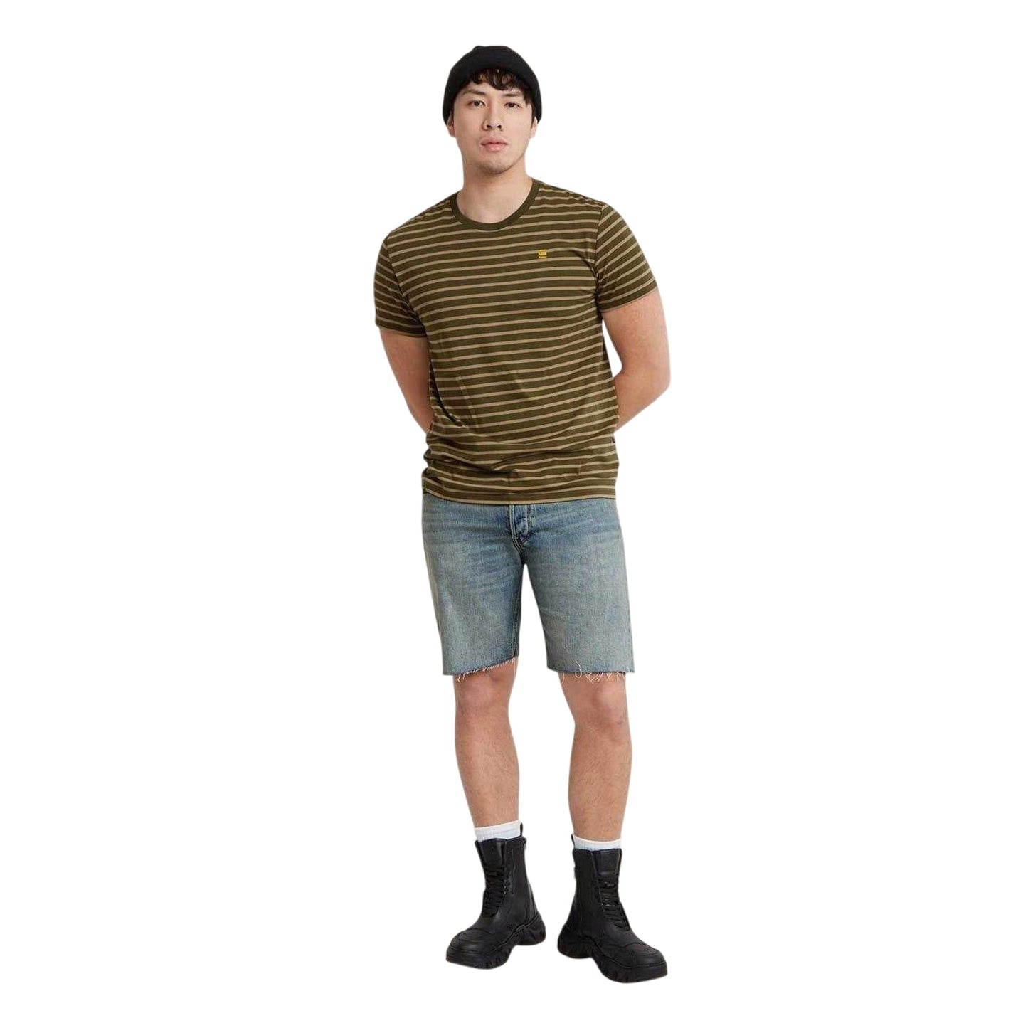 Olive Stripe - Pack Shot - G-Star Mens Striped Crew Neck Short-Sleeved T-Shirt