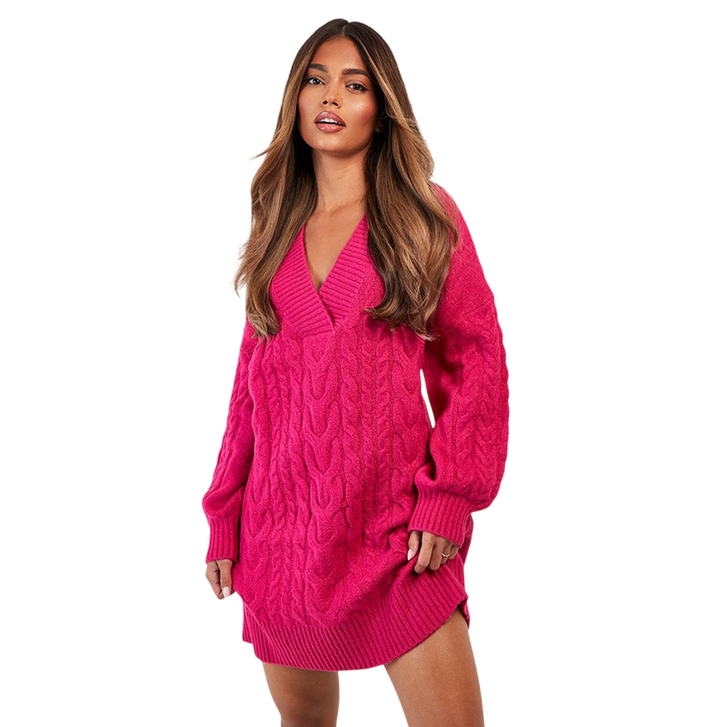 Pink - Side - Threadbare Womens-Ladies Chalk Cable Knit Jumper Dress