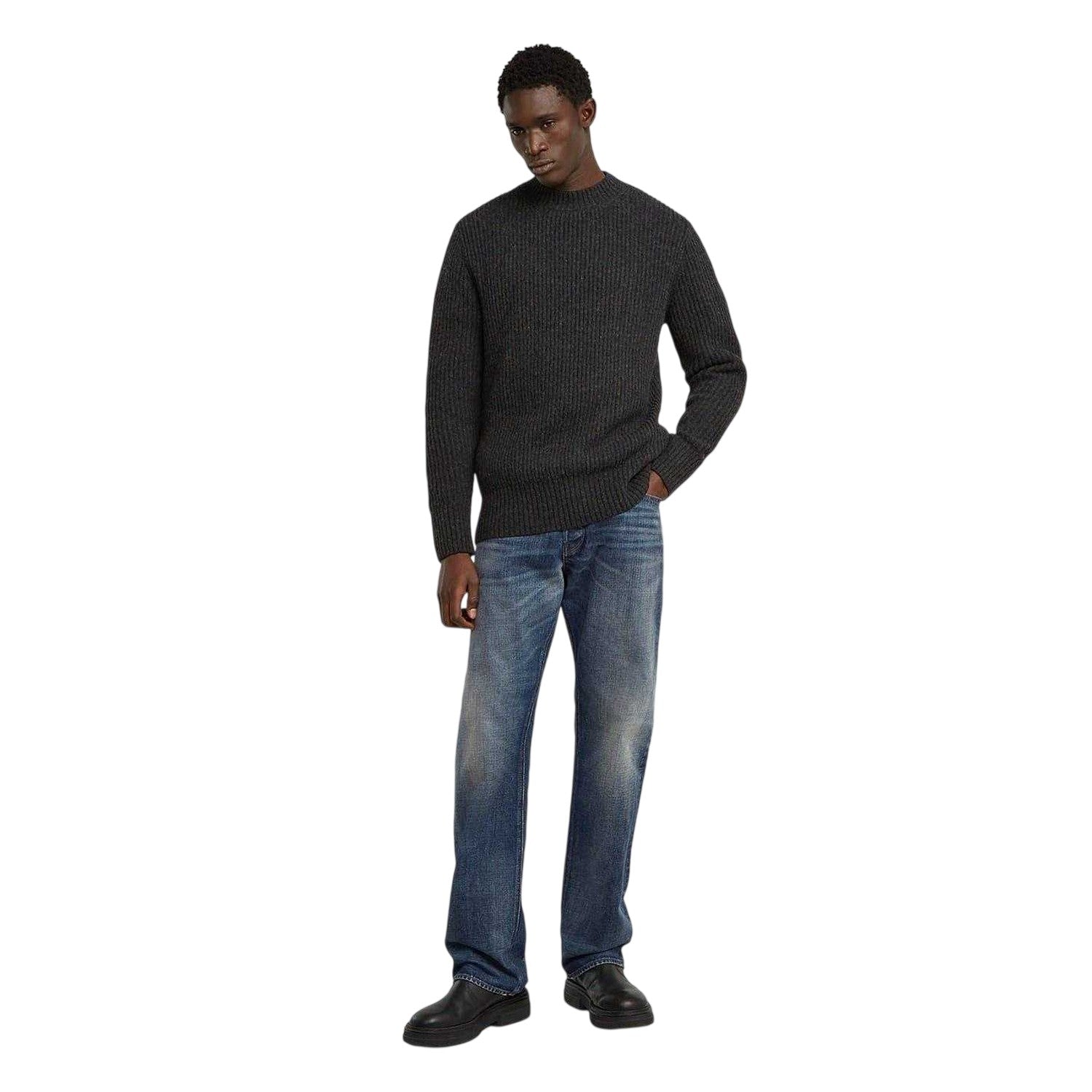 Grey - Pack Shot - G-Star Mens Rib Knit Regular Jumper