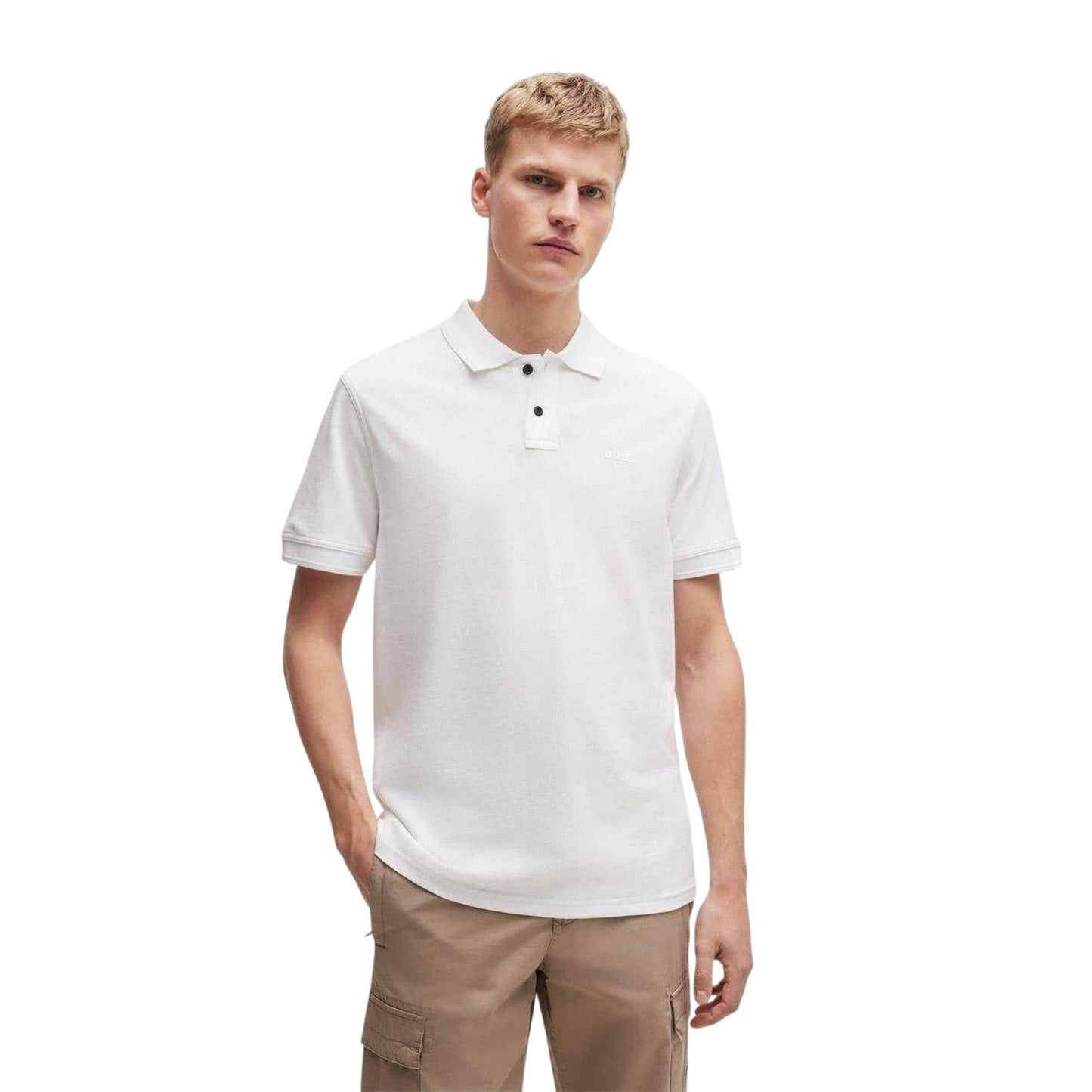 White - Front - Boss Mens Prime Cotton Regular Short-Sleeved Polo Shirt