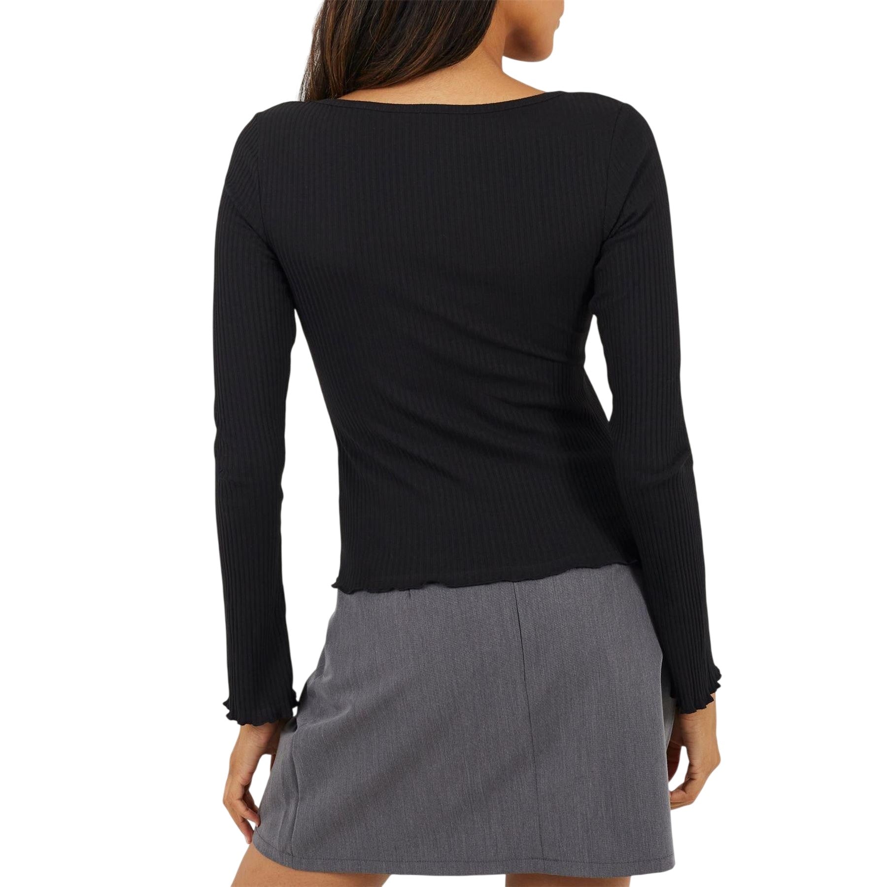 Black - Back - Brave Soul Womens-Ladies Ribbed Bow Detail Long-Sleeved Top
