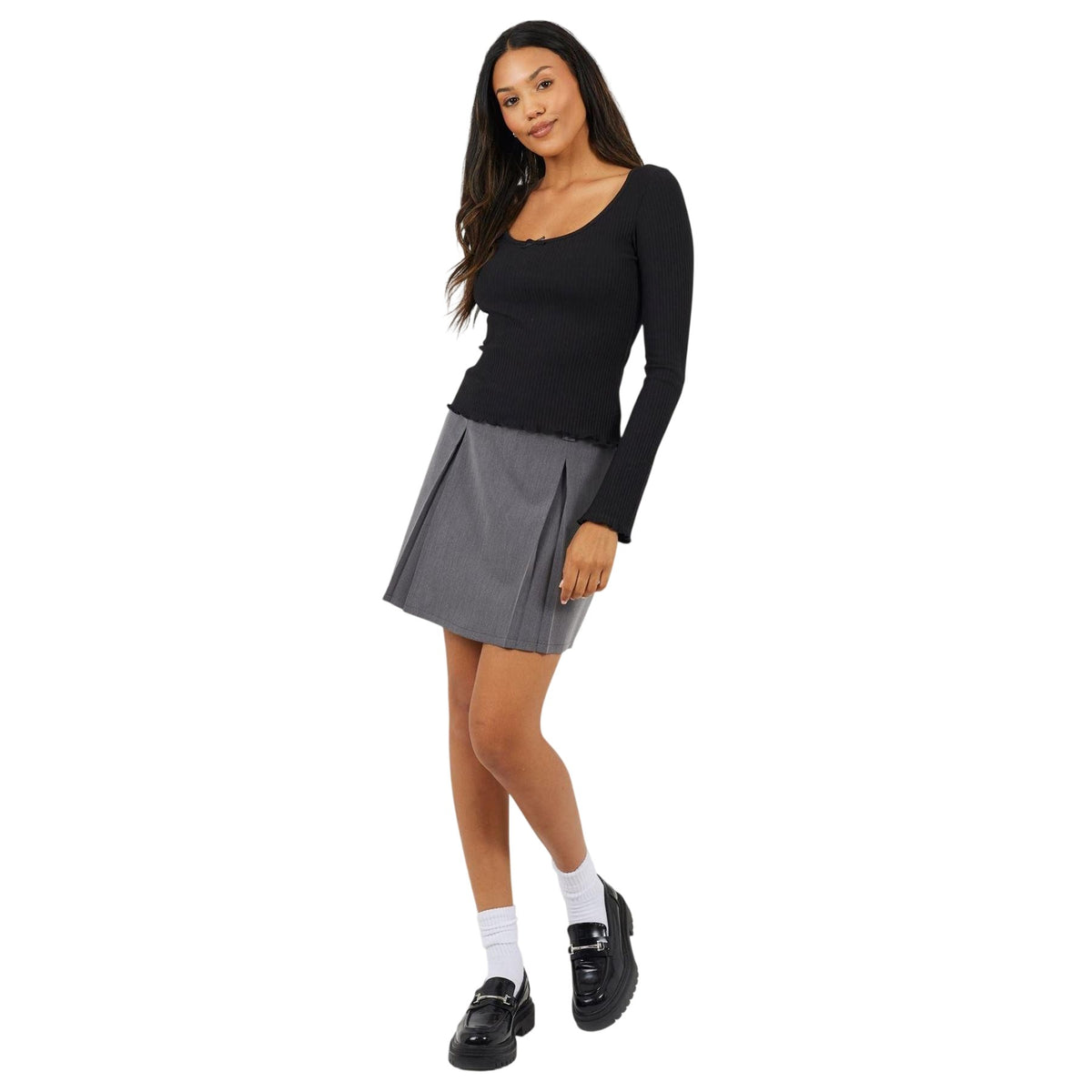 Black - Lifestyle - Brave Soul Womens-Ladies Ribbed Bow Detail Long-Sleeved Top