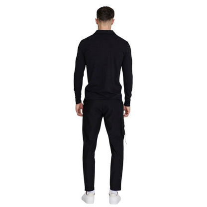 Black - Back - SikSilk Mens Slim Long-Sleeved Polo Shirt