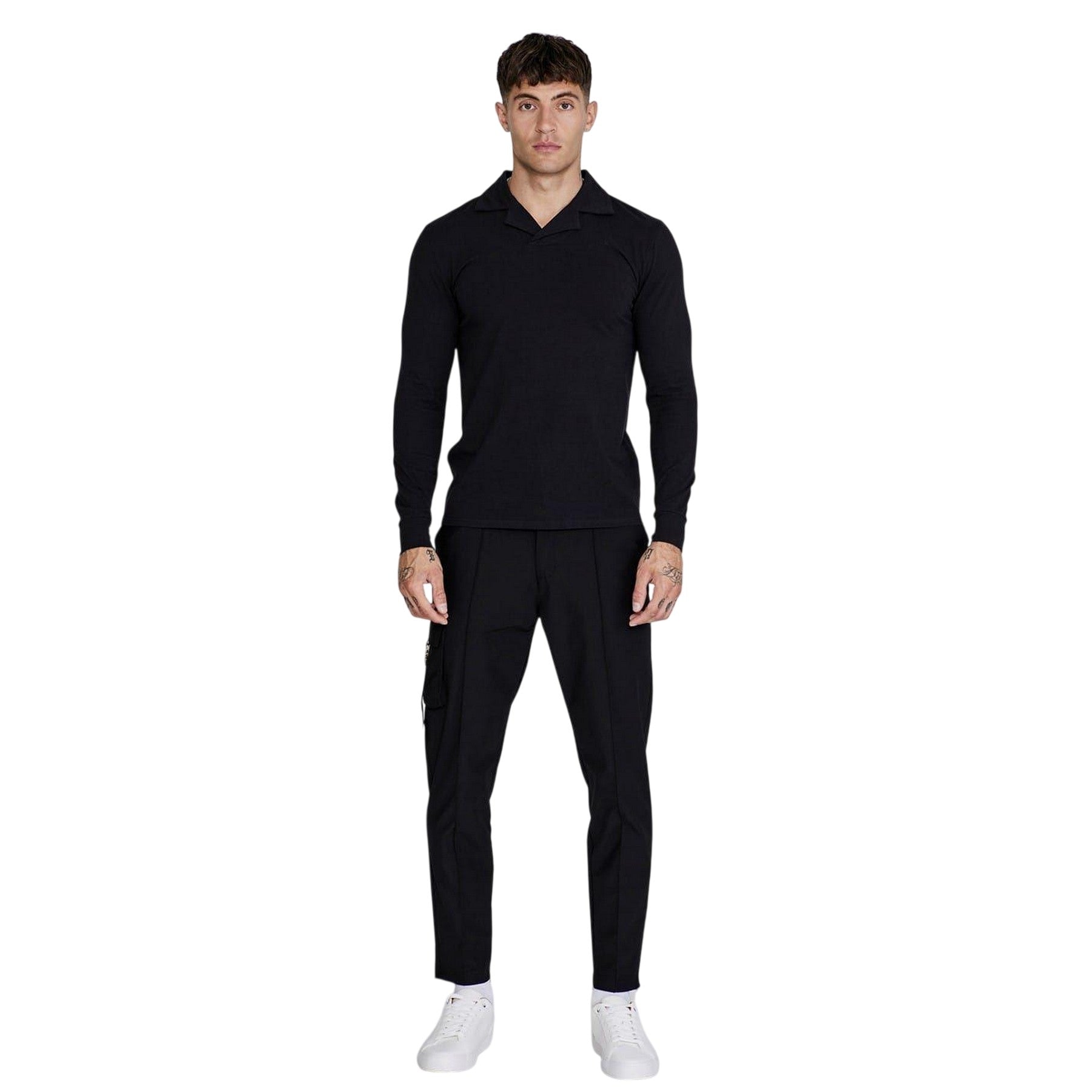 Black - Pack Shot - SikSilk Mens Slim Long-Sleeved Polo Shirt