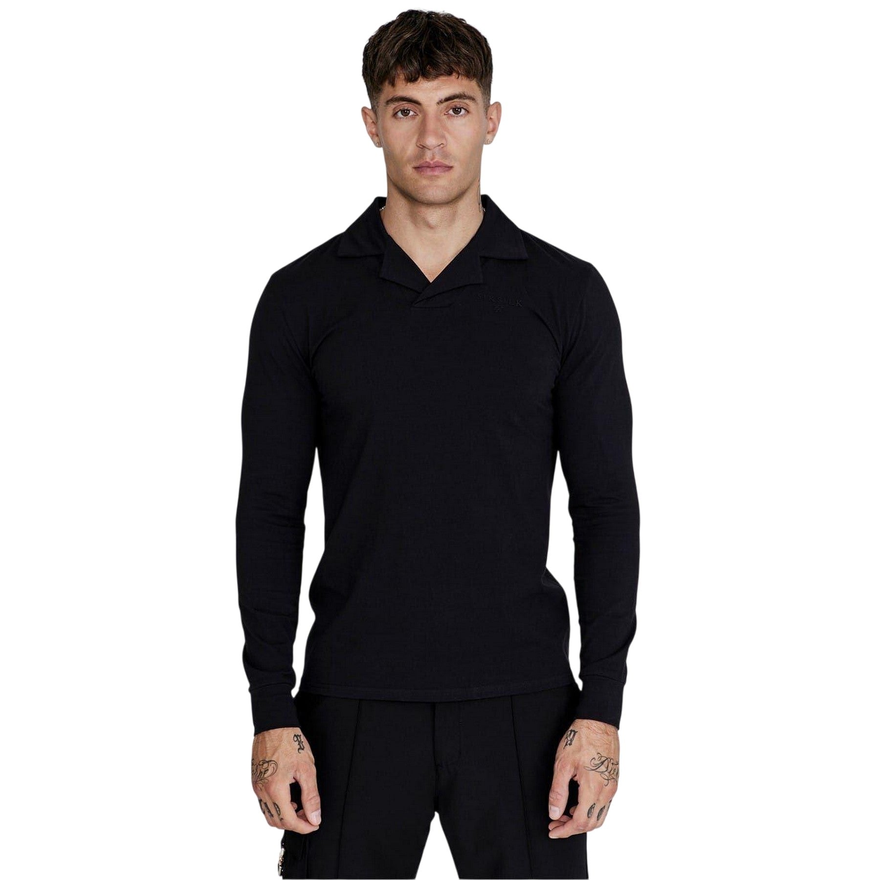 Black - Front - SikSilk Mens Slim Long-Sleeved Polo Shirt