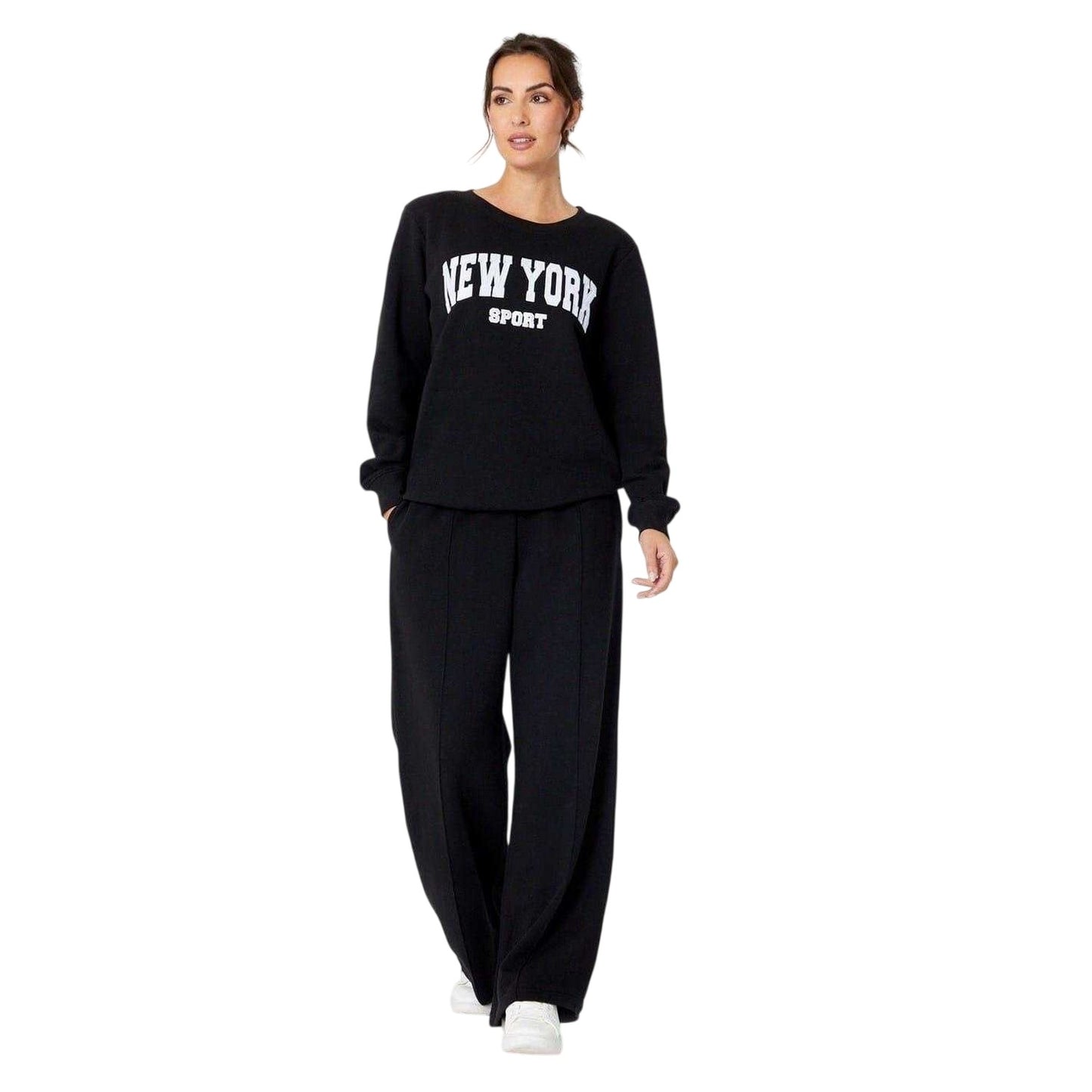 Black - Side - Be You Womens-Ladies New York Slogan Sweatshirt & Jogging Bottoms Set