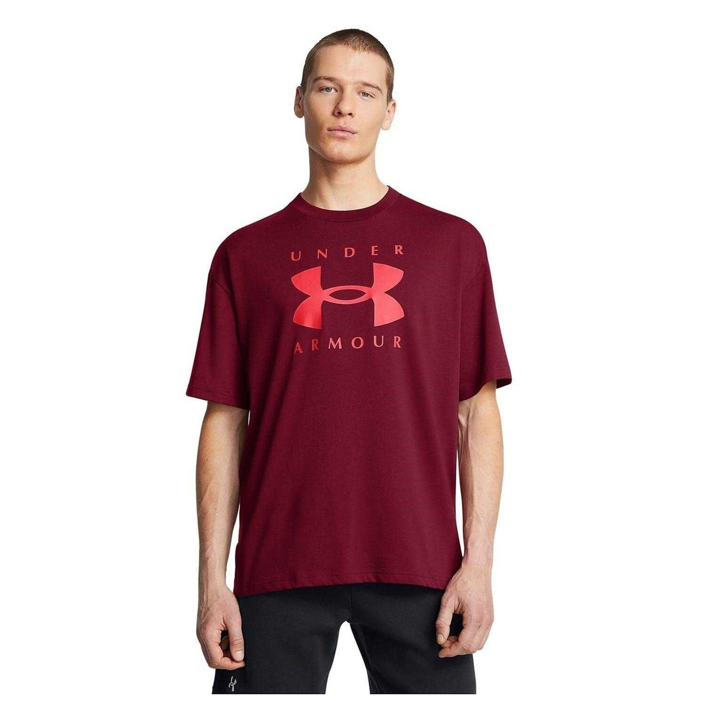 Red - Side - Under Armour Mens Logo Heavyweight Loose T-Shirt