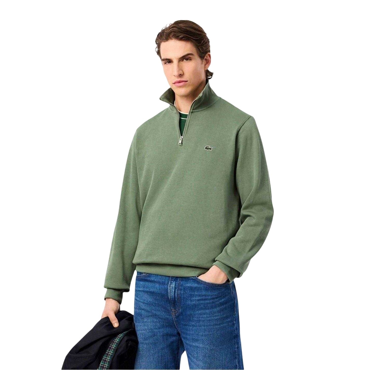 Thyme Green - Front - Lacoste Mens Cotton Blend Quarter Zip Sweatshirt