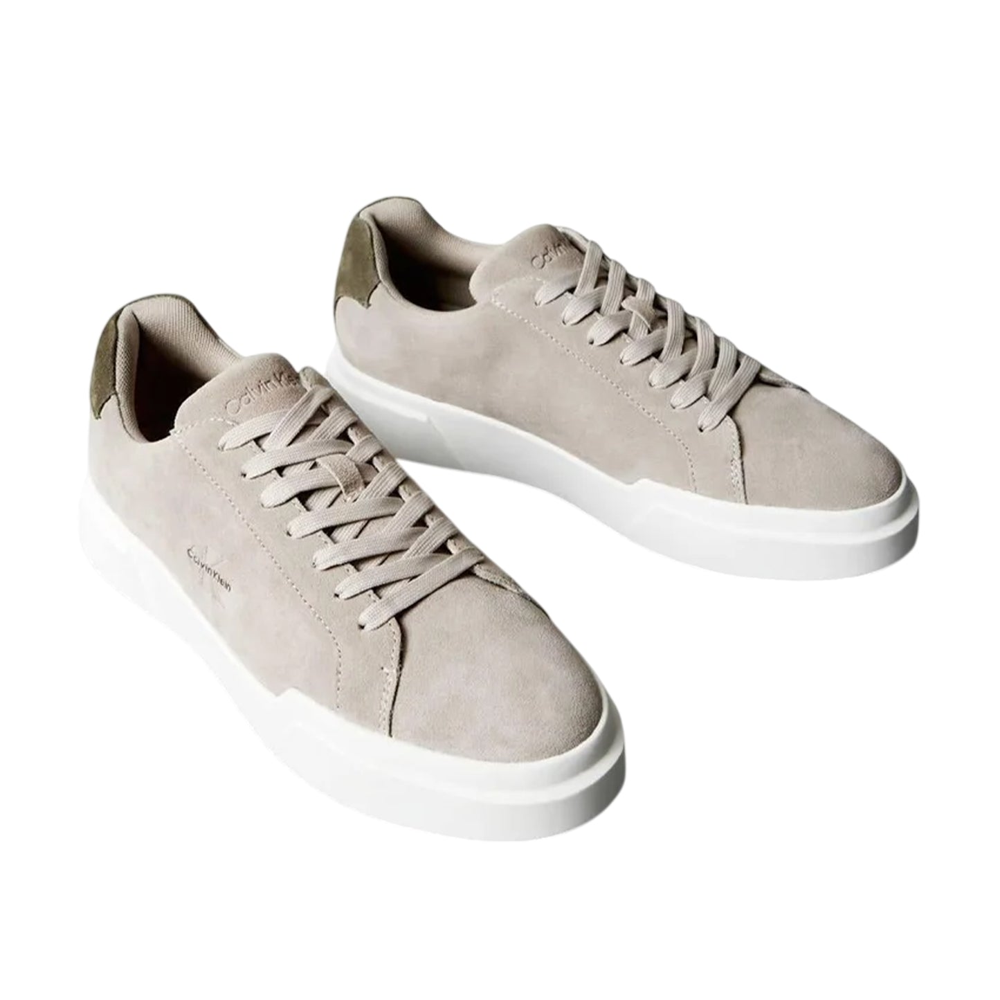 Taupe-White-Green - Close up - Calvin Klein Mens Suede Chunky Trainers