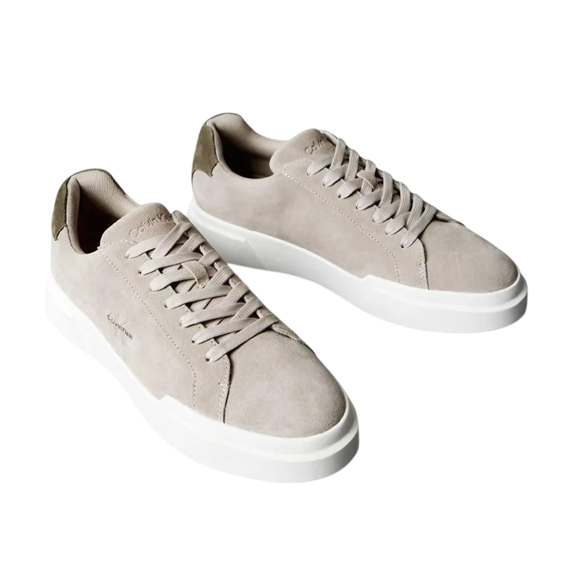 Taupe-White-Green - Close up - Calvin Klein Mens Suede Chunky Trainers