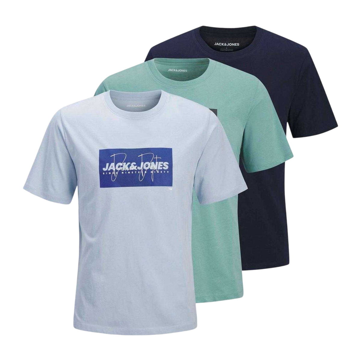 Navy-Mint-Blue - Front - Jack And Jones Childrens-Kids Logo T-Shirt (Pack of 3)