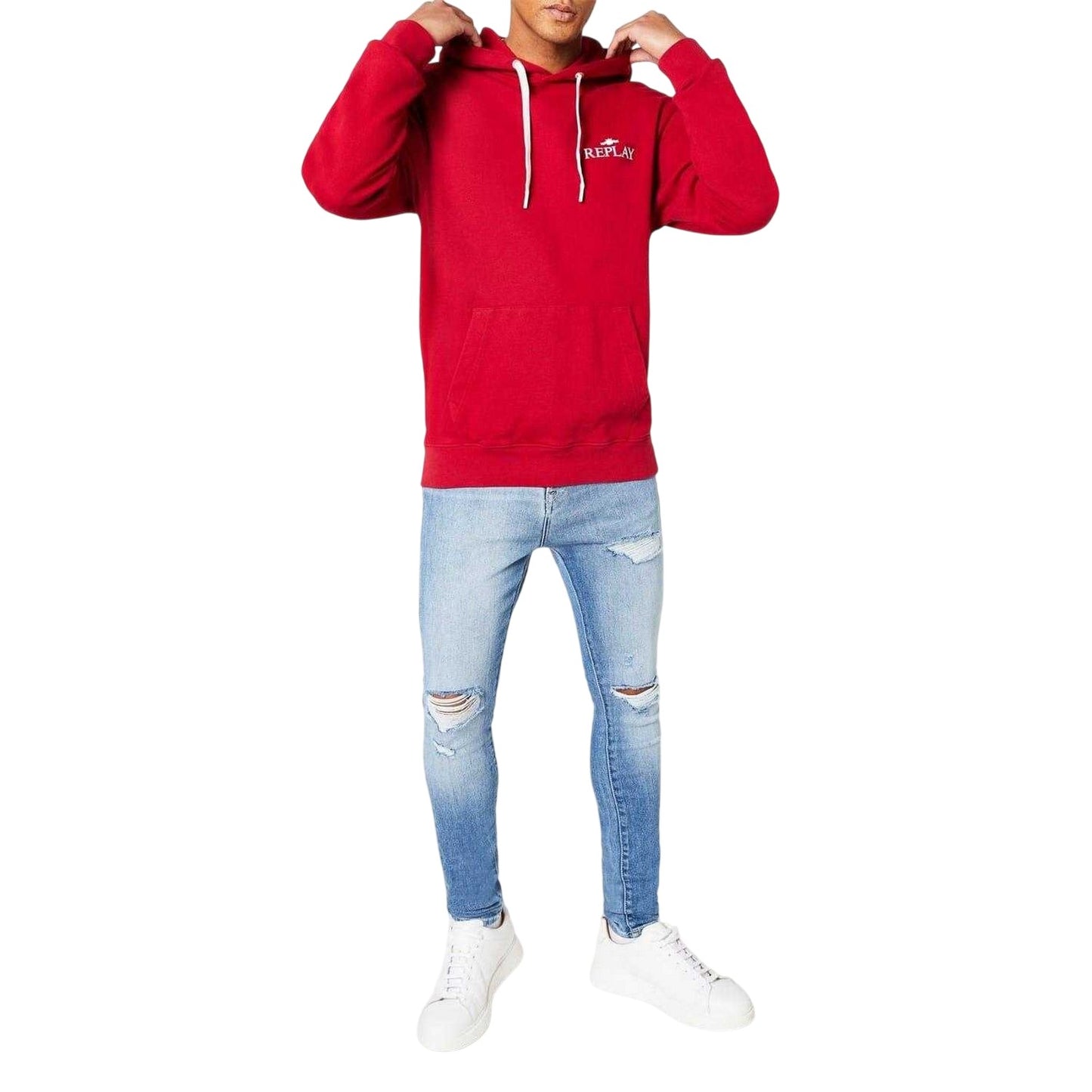 Red - Side - Replay Mens Logo Cotton Hoodie