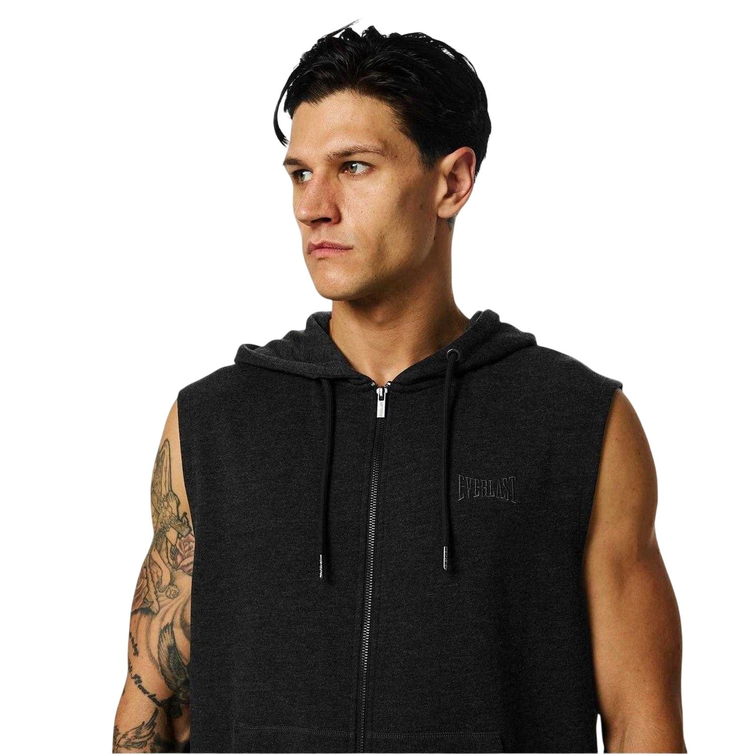 Charcoal - Side - Everlast Mens Box Logo Sleeveless Full Zip Hoodie