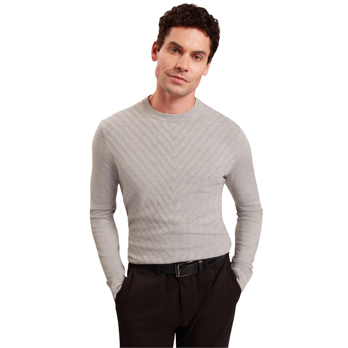 Light Grey - Side - Ted Baker Mens Chevron Ribbed Collar Long-Sleeved Jumper
