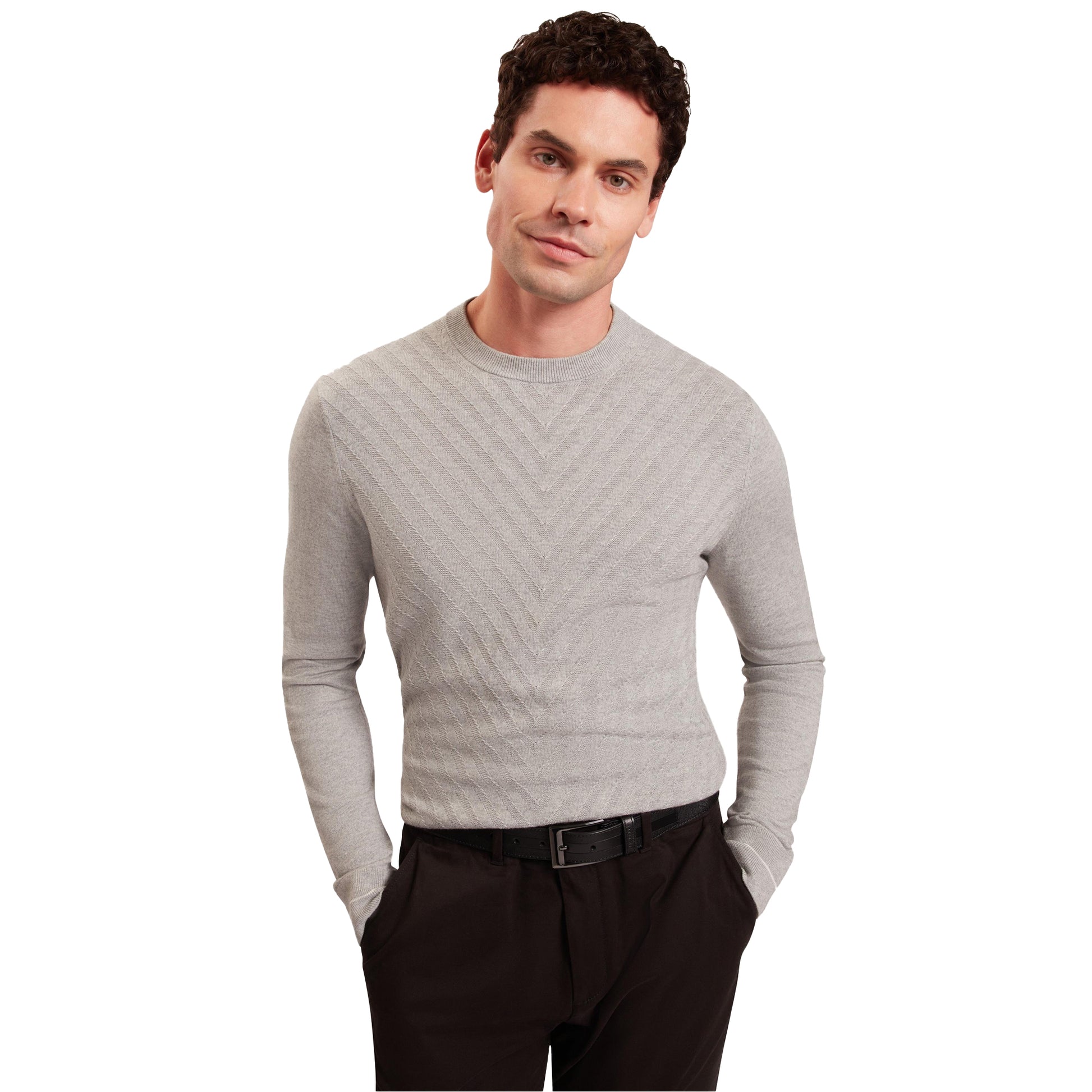 Light Grey - Side - Ted Baker Mens Chevron Ribbed Collar Long-Sleeved Jumper