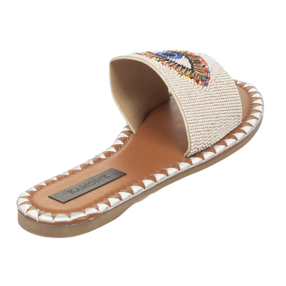 Beige - Back - Where´s That From Womens-Ladies Fabric Open Toe Flat Slide
