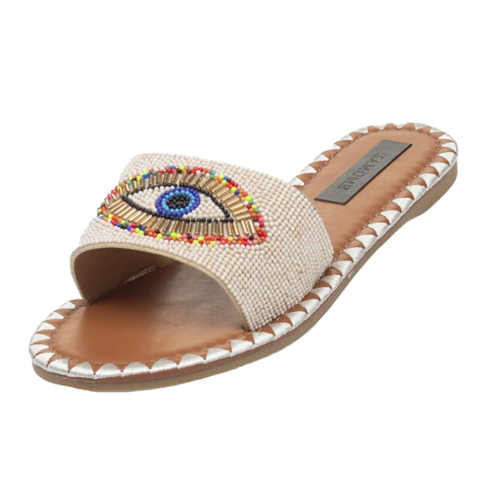 Beige - Side - Where´s That From Womens-Ladies Fabric Open Toe Flat Slide