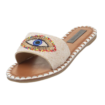 Beige - Side - Where´s That From Womens-Ladies Fabric Open Toe Flat Slide