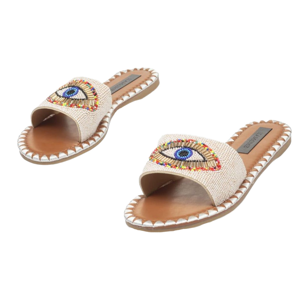 Beige - Lifestyle - Where´s That From Womens-Ladies Fabric Open Toe Flat Slide
