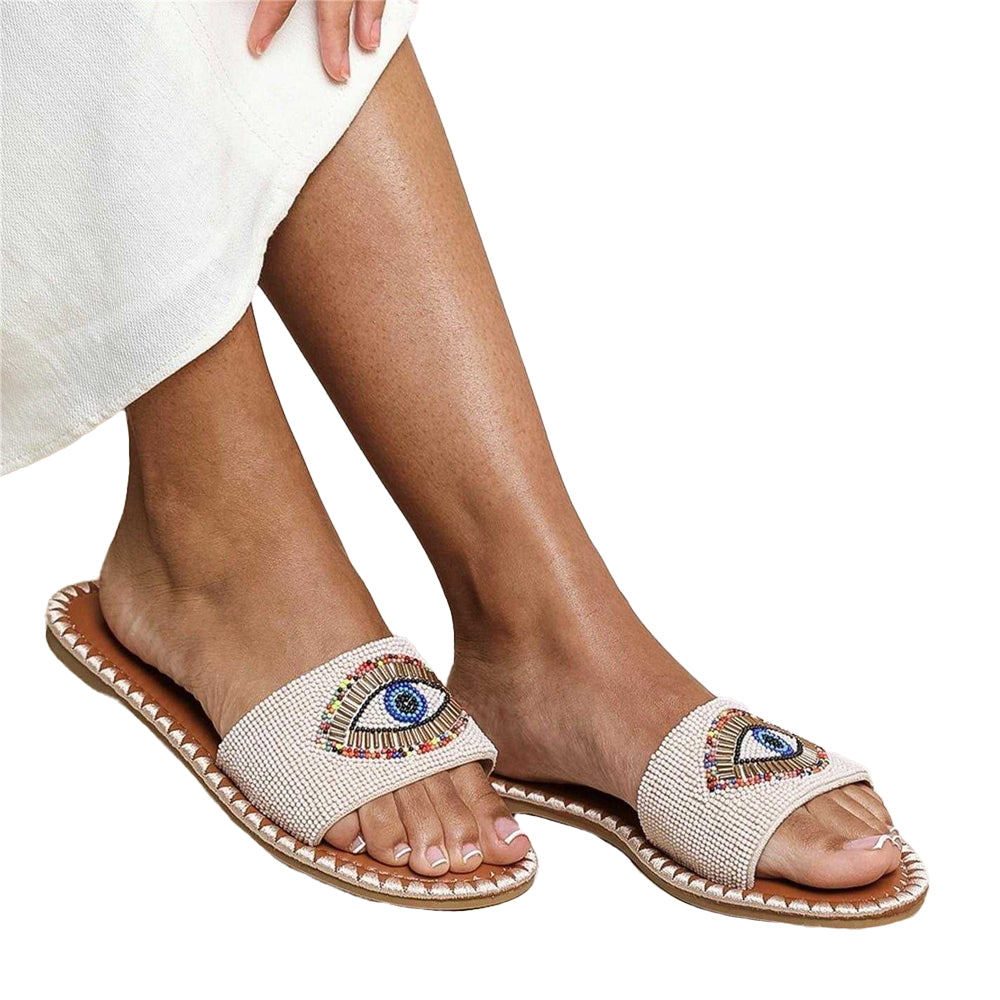 Beige - Pack Shot - Where´s That From Womens-Ladies Fabric Open Toe Flat Slide