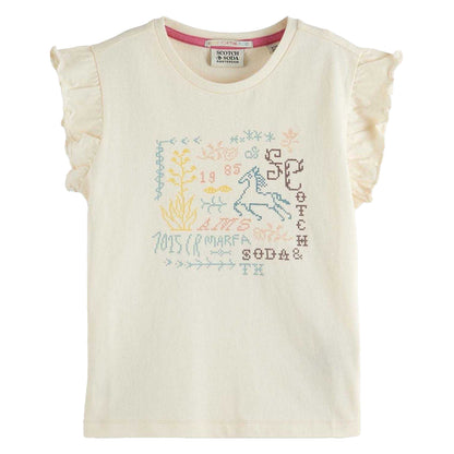Cream - Front - Scotch And Soda Girls Embroidered T-Shirt