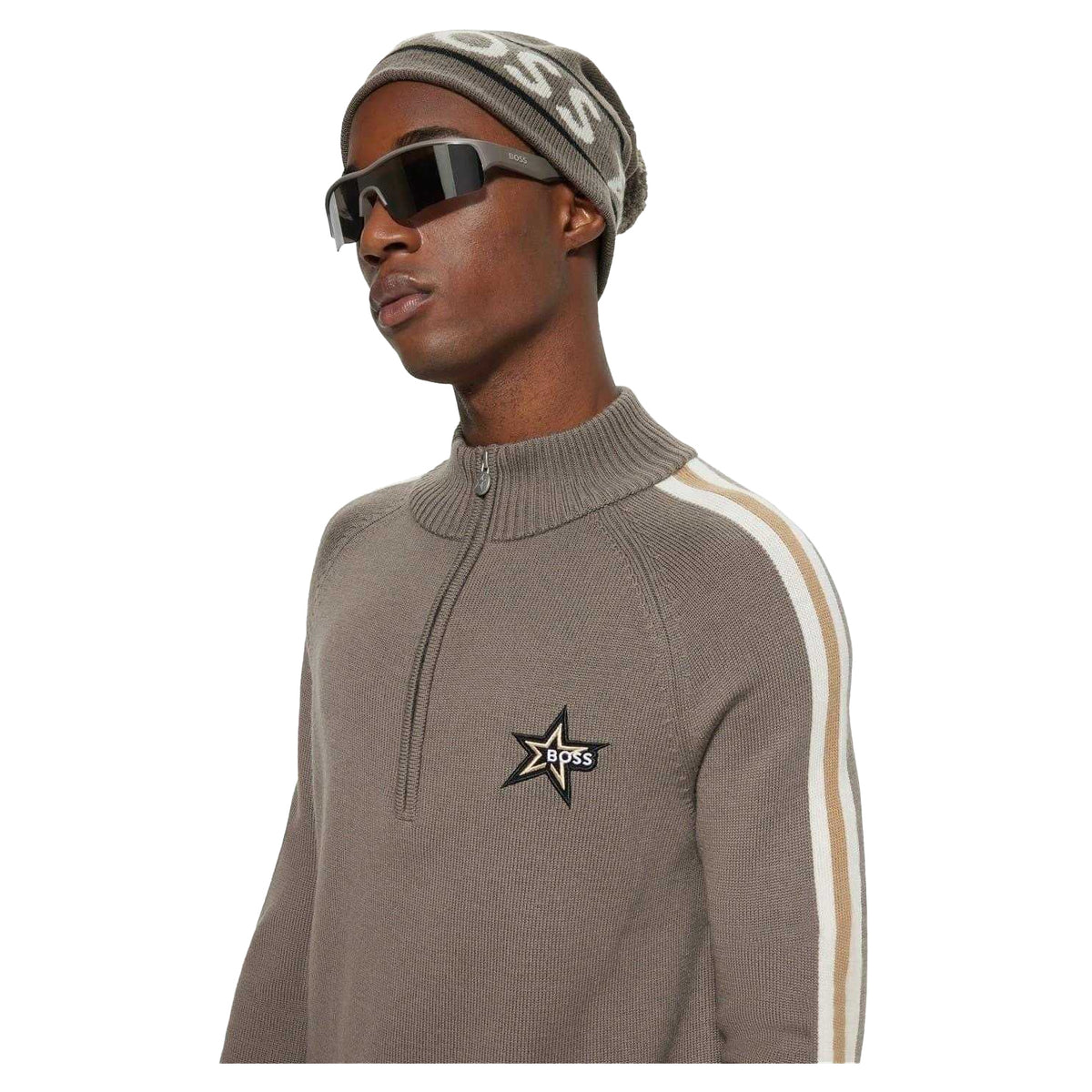 Beige - Side - Boss Mens Regular Raglan Jumper