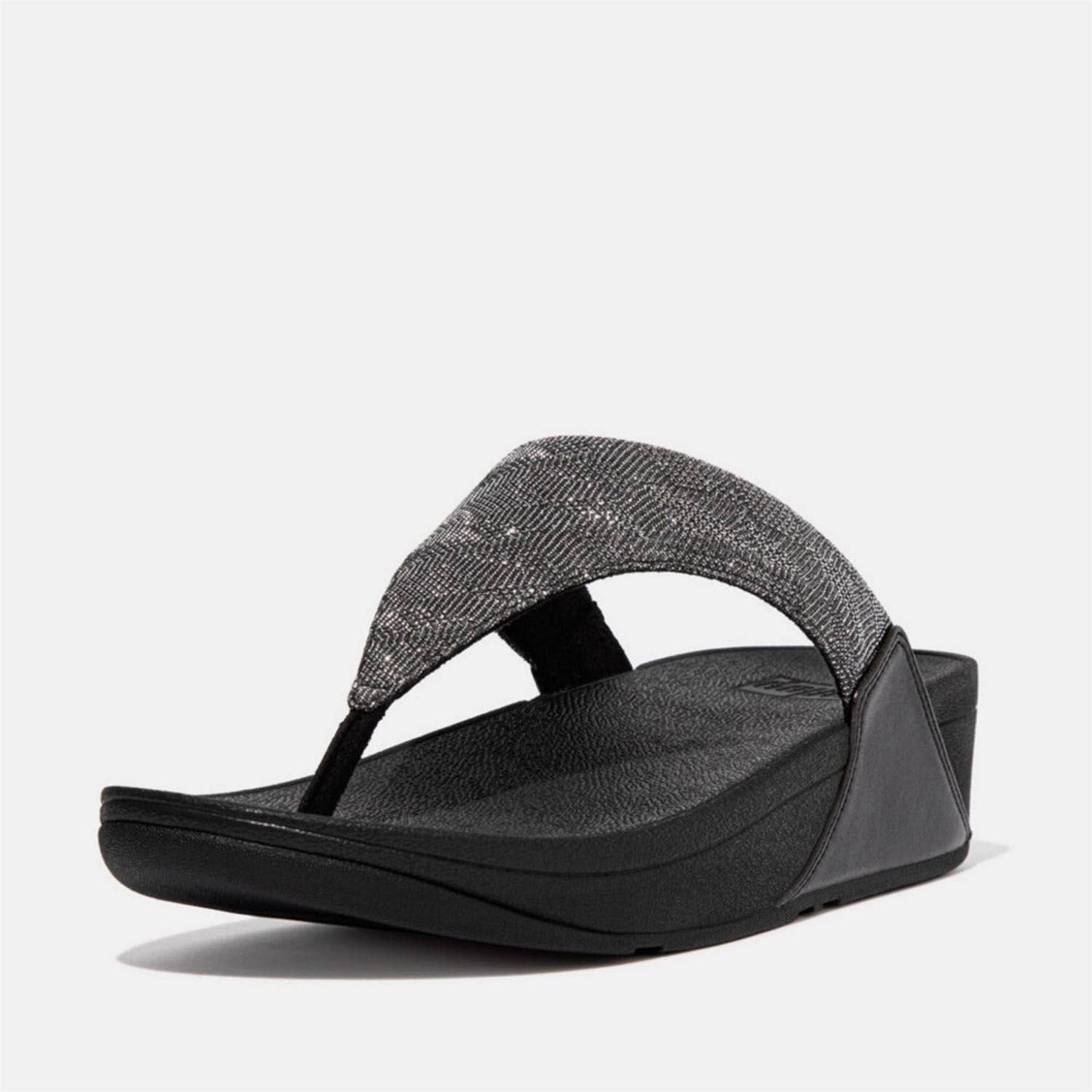 Black - Back - Fit Flop Womens-Ladies Lulu Glitz Toe Post Wedge Sandals