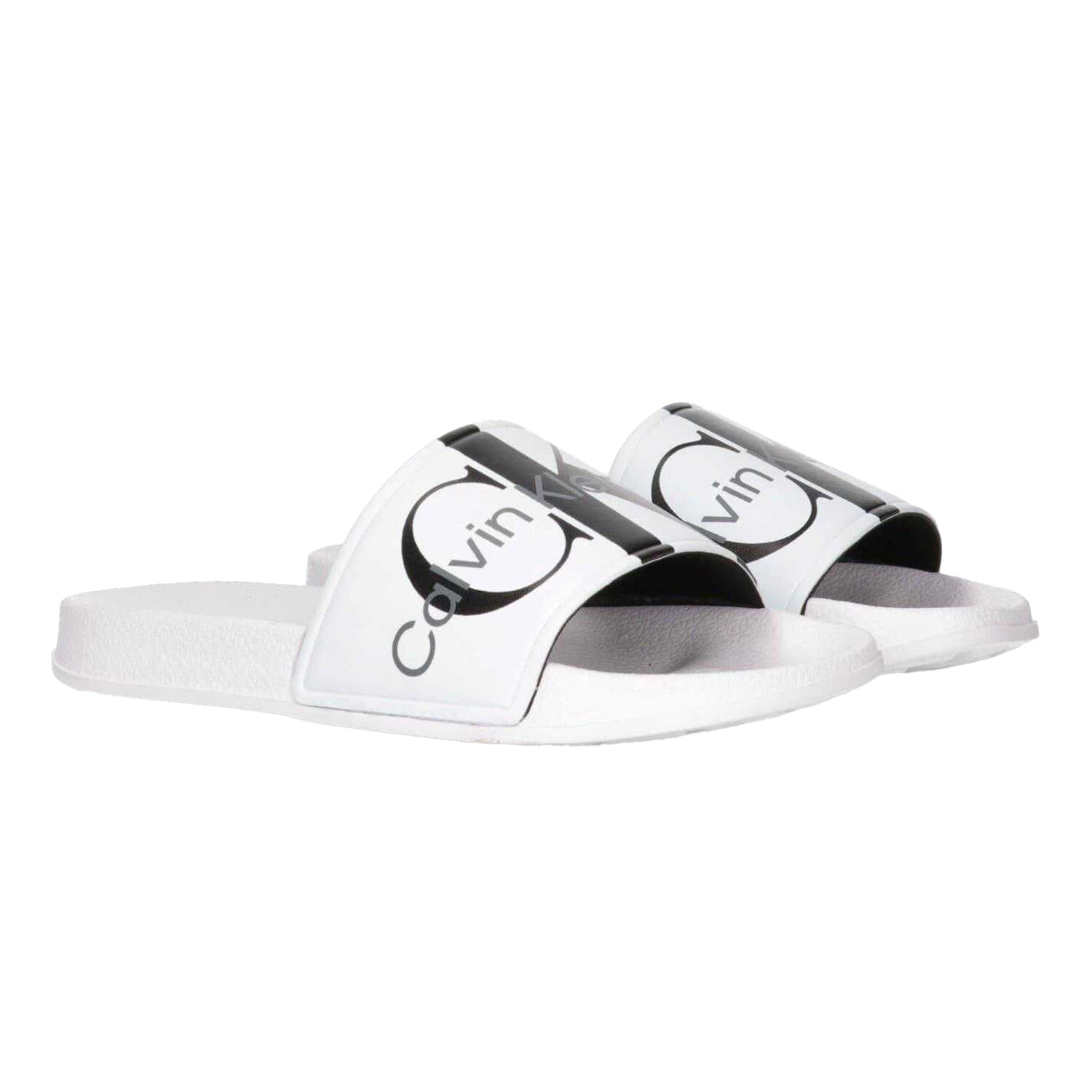 White - Side - Calvin Klein Unisex Adult Logo Open Toe Flat Slides