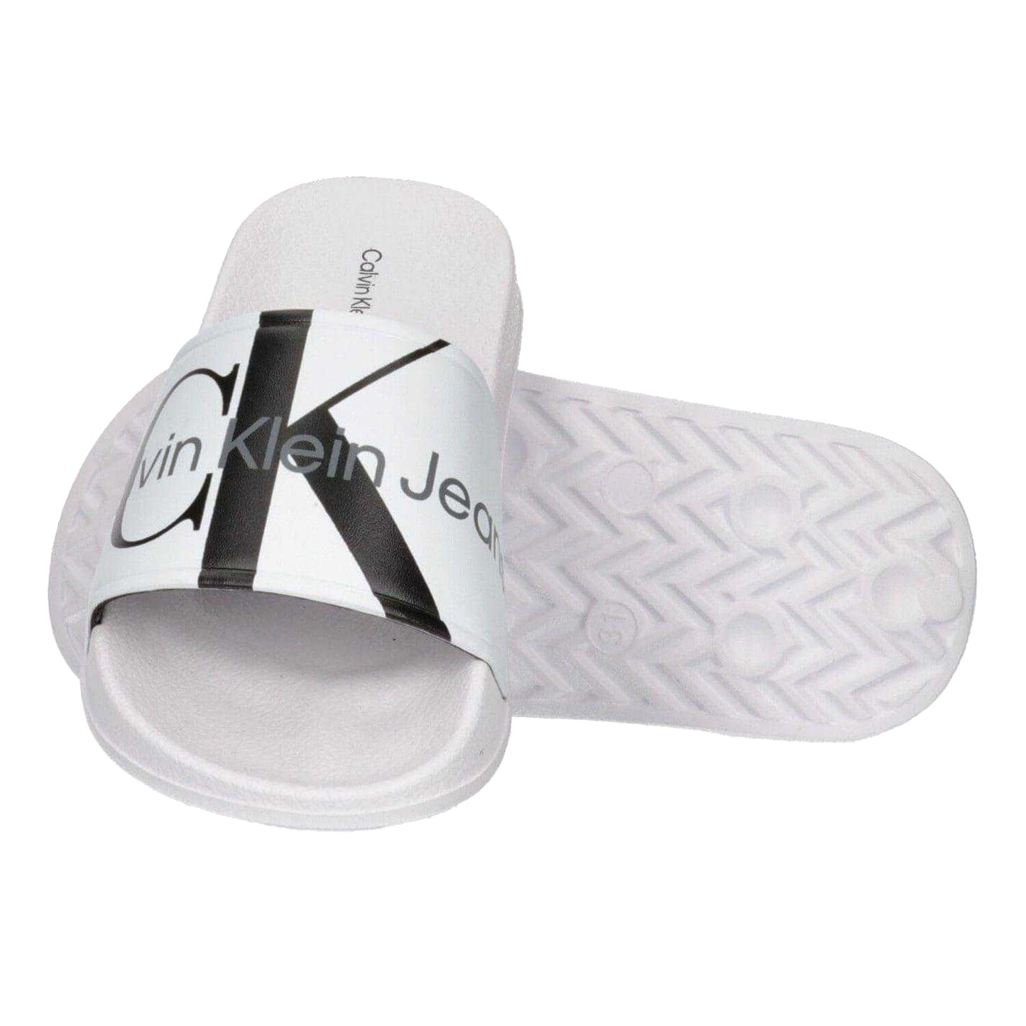 White - Lifestyle - Calvin Klein Unisex Adult Logo Open Toe Flat Slides