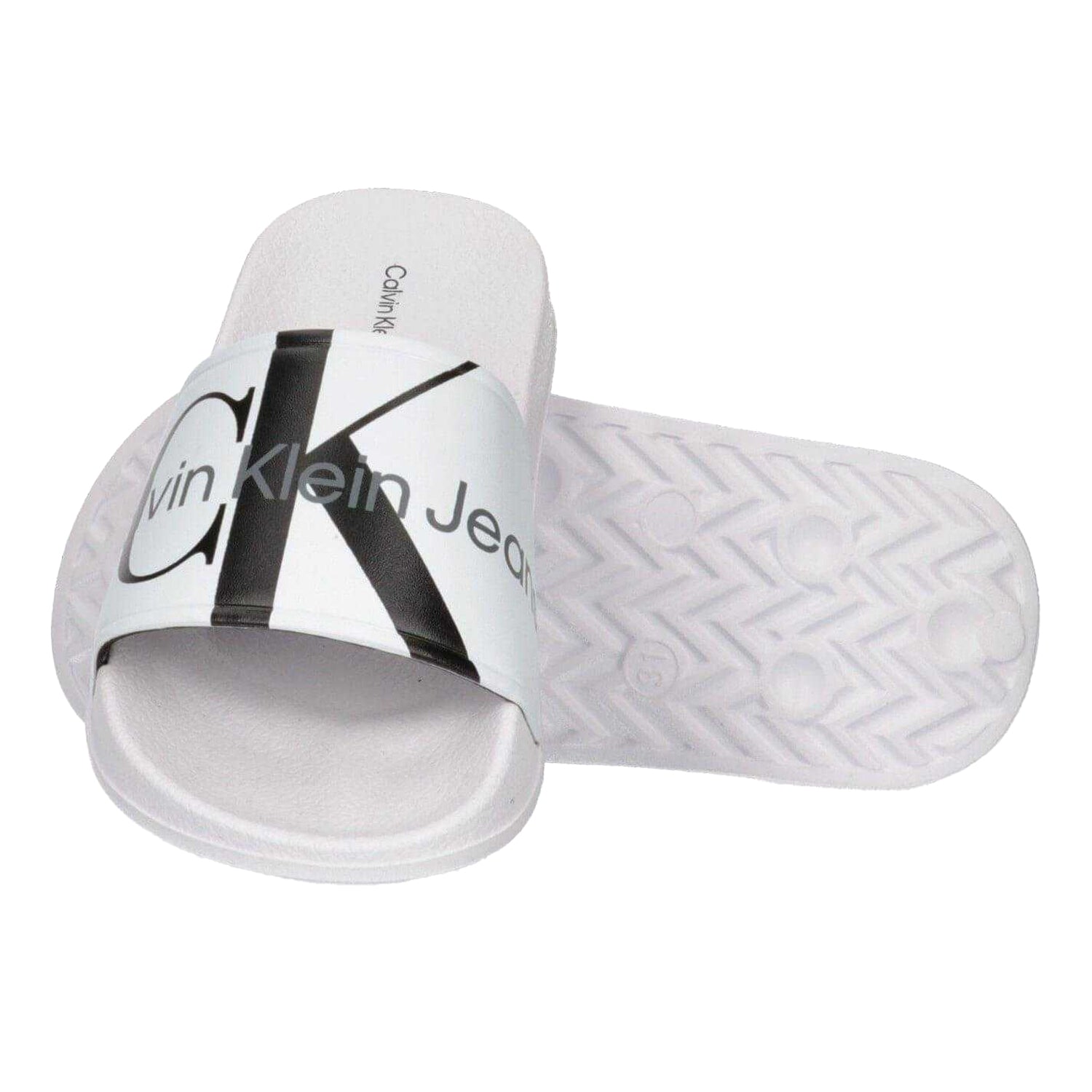 White - Lifestyle - Calvin Klein Unisex Adult Logo Open Toe Flat Slides