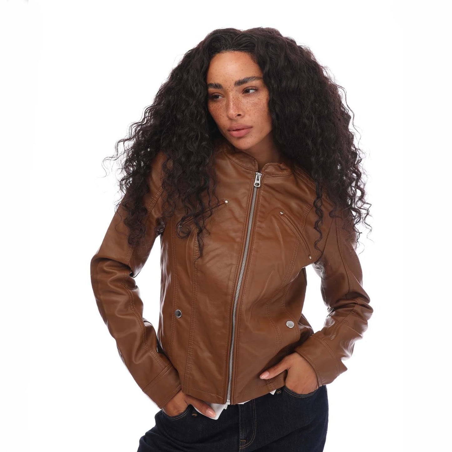 Cognac - Side - Vero Moda Womens-Ladies Favodona Faux Leather Jacket